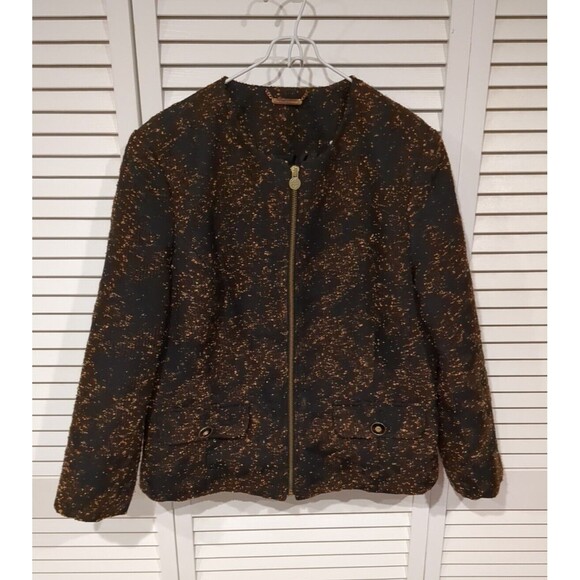 VTG‎ Dana Buchman Women's Jacket Blazer L Brown Black Speck Full Zip Gold Pull - Picture 1 of 13